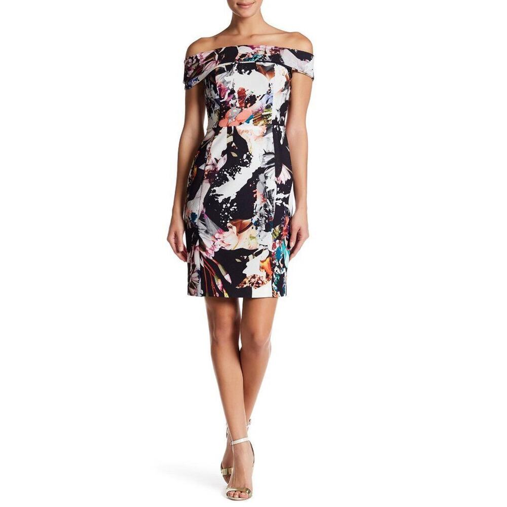 $390 Black Halo Vision Quest Print Soto Off the Shoulder Sheath Dress 6 NEW